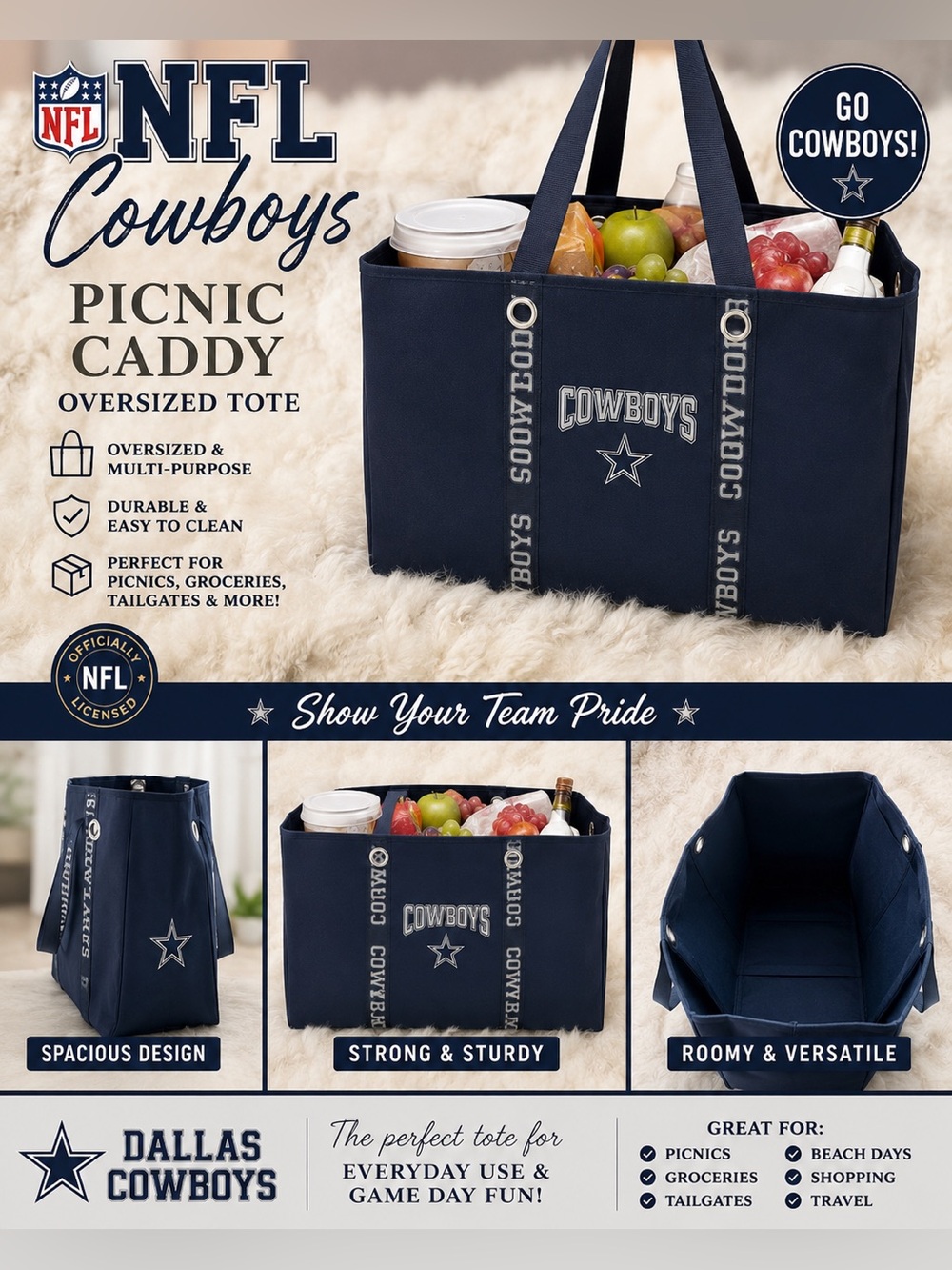 Dallas Cowboys NFL Picnic Caddy Oversized Multi-Purpose Tote Bag NEW